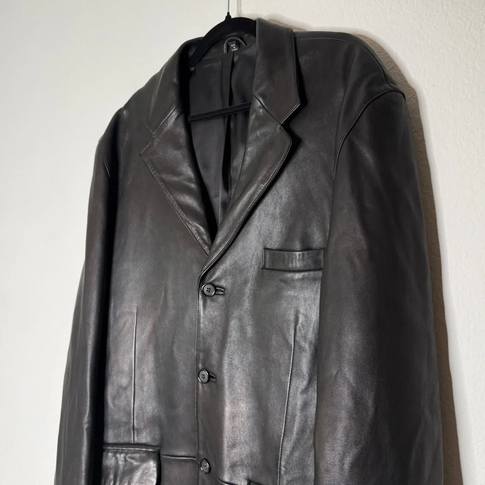 Nordstrom Black Lamb Leather Blazer Italian Made Three Button Jacket Size 46R
